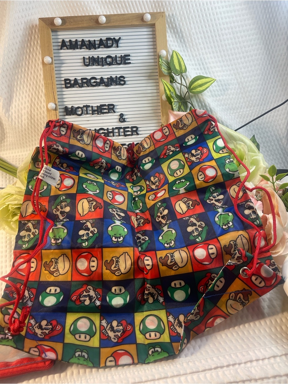 Nintendo Super Mario Bundle Drawstring Backpack Turtle Shell Mario Figure Pouch - Picture 6 of 6